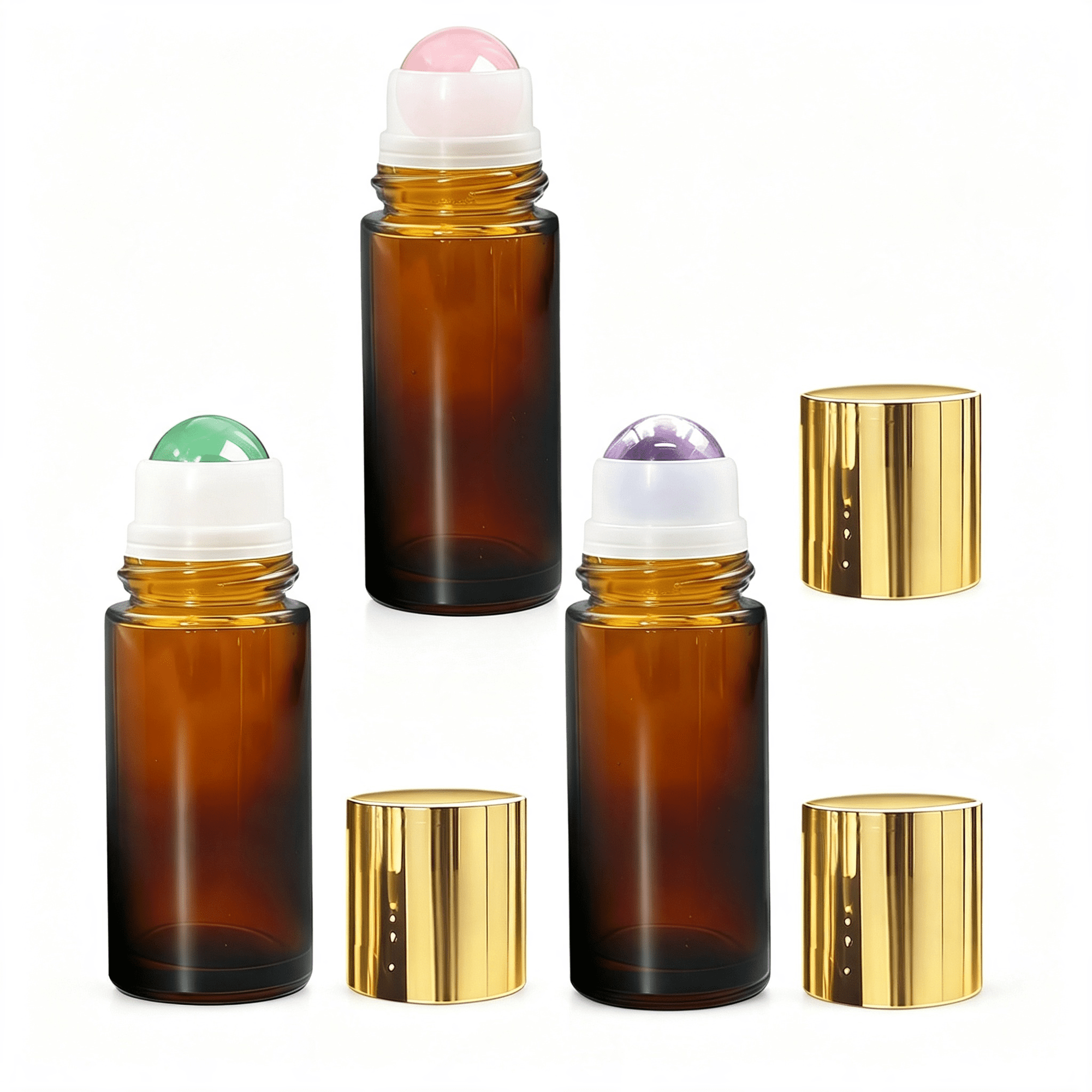 RAGUPEL 50Ml Rose Quartz & Amethyst & Green Aventurine Amber Bottles for Castor Oil Empty Refillable Roll-On Bottles with Natural Crystal Roller Leak-Proof Roller Ball Applicator for Essential