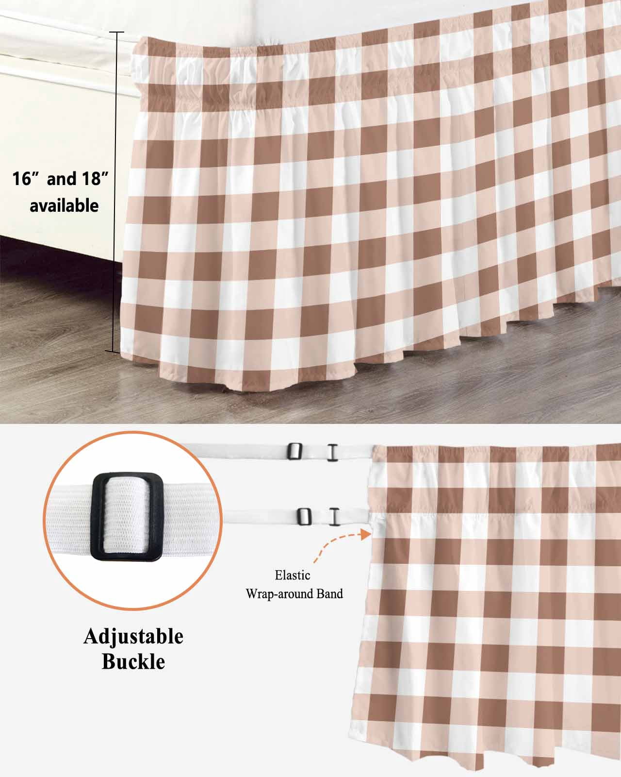 Brown Checkered Wrap Around Bed Skirts for Queen Bed 18" Drop, Bed Skirt with Adjustable Elastic Belt Dust Ruffle Bed Valance for Bedroom Hotel Luxury Farmhouse Buffalo Plaid Bed Frame Cover