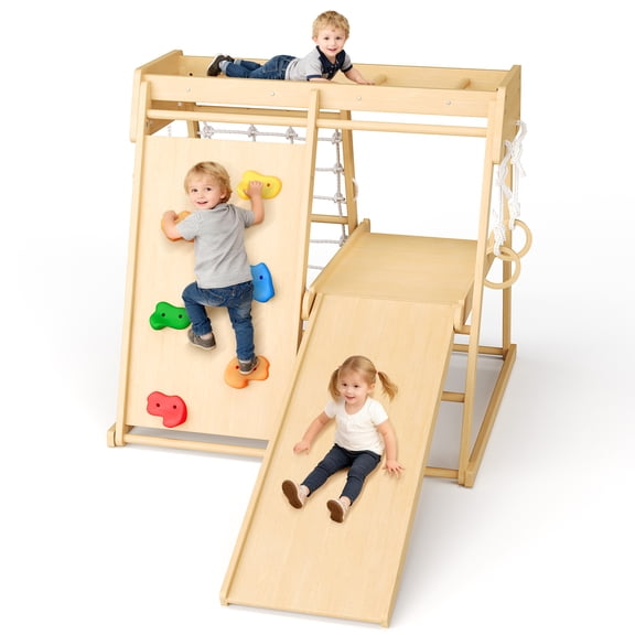 6-in-1 Wooden Jungle Gym for Kids – Indoor & Outdoor Playset with Swing, Slide, Monkey Bars, Rock Climbing Wall, Rope Wall, Ladder & Climbing Net – Natural Wood Toddler Climbing – 105×45×25cm