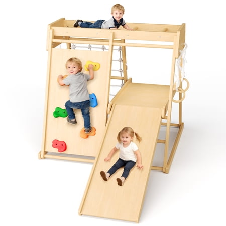 6-in-1 Wooden Jungle Gym for Kids – Indoor & Outdoor Playset with Swing, Slide, Monkey Bars, Rock Climbing Wall, Rope Wall, Ladder & Climbing Net – Natural Wood Toddler Climbing – 105×45×25cm