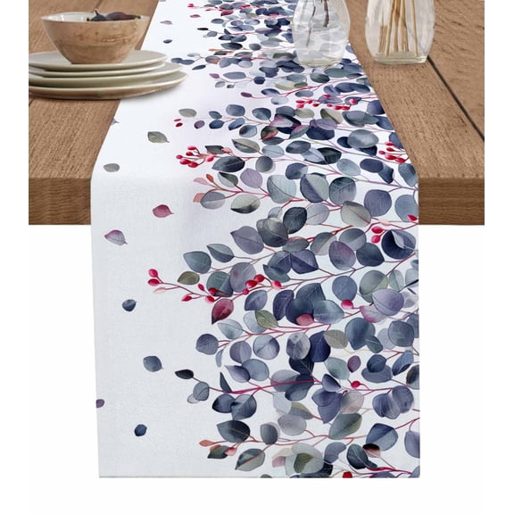 Ldtrchee Purple Grey Botanical Table Runner 36 Inches, Watercolor Spring Eucalyptus Leaves Red Bed Runner Dresser Scarves Tabletop for Indoor Outdoor Parties/Ceremony/Banquet, 13"x 36"