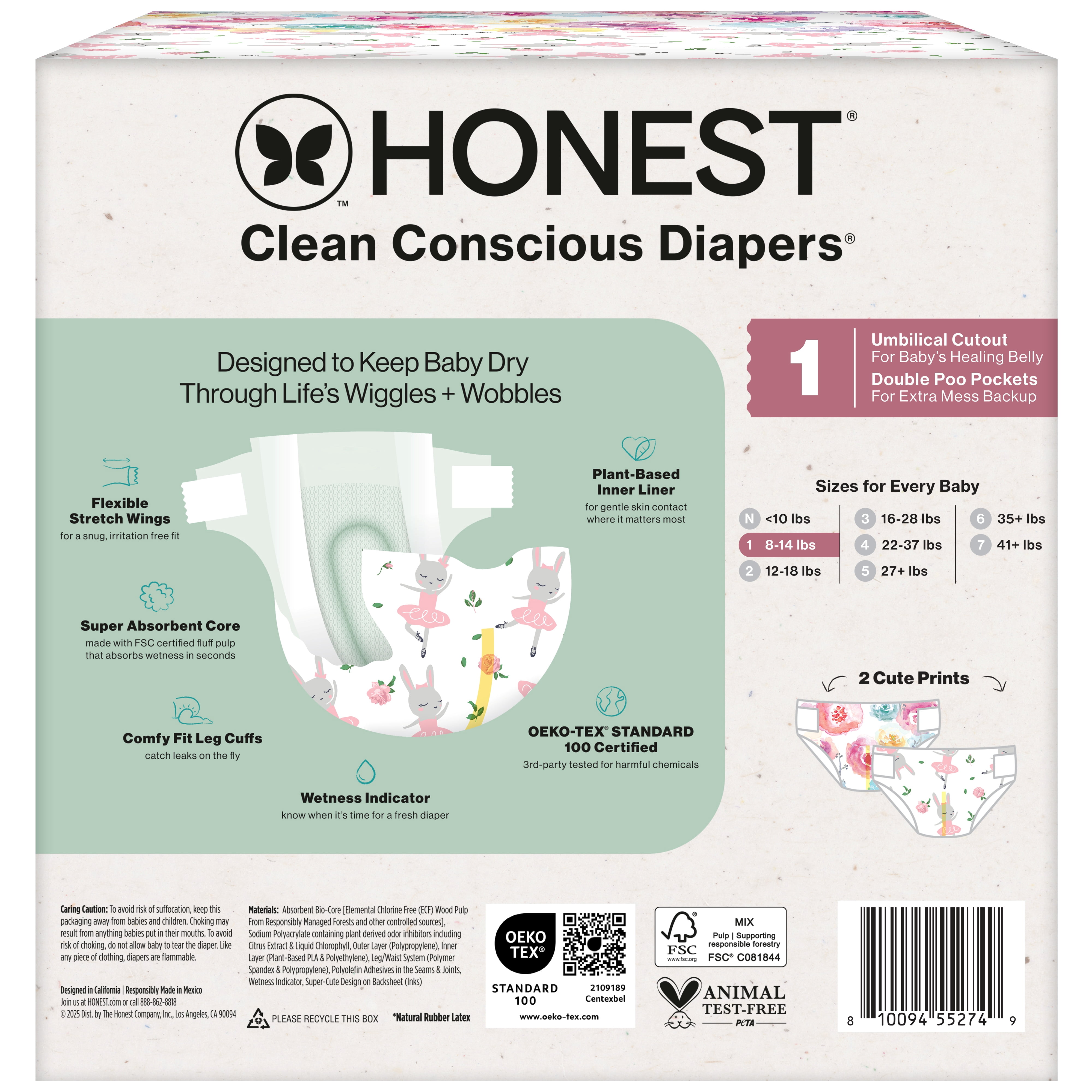 The Honest Company Clean Conscious Diapers® Up to 100% Leak Protection Designed to Protect Delicate Skin Hypoallergenic + Fragrance Free Rose Blossom + Tutu Cute, Size 1, 78 Count