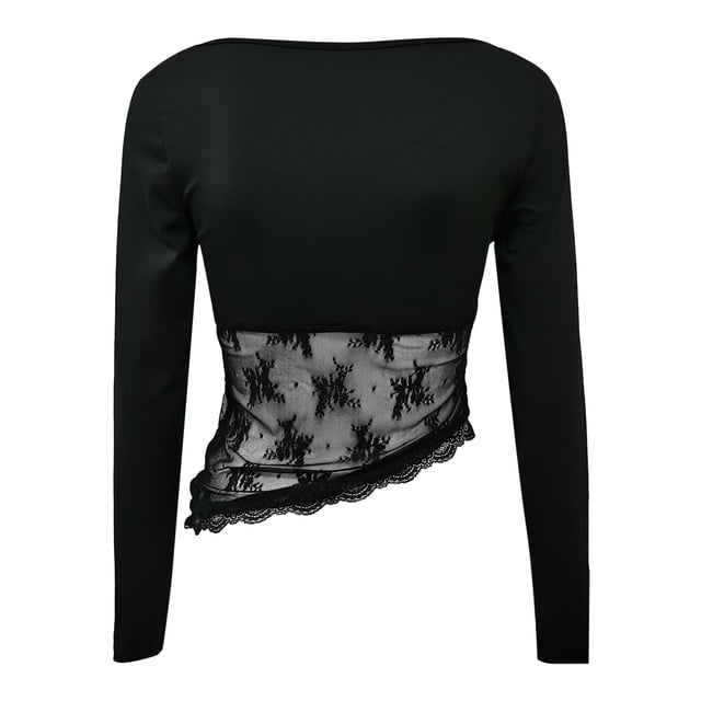 Top corto de manga larga y cuello cuadrado para mujer - Camiseta básica ajustada lisa - Entrenamiento/yoga - Tallas S-L