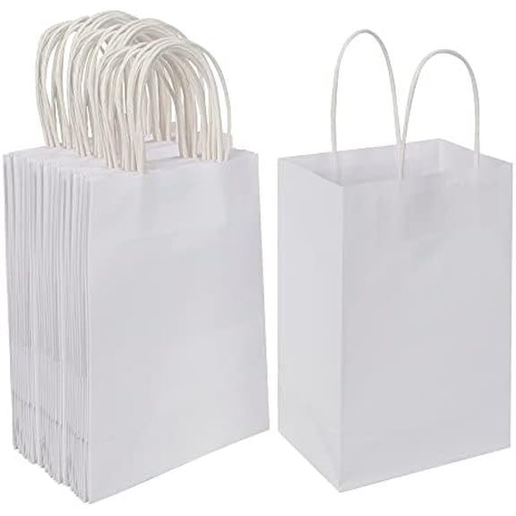 50 Pack 5.25x3.25x8.25 Inch Small White Kraft Paper Bags with Handles Bulk for Birthday Wedding Party Favors Grocery Retail Shopping Business Goody Craft Gift Bags Cub Sacks, 50 Count