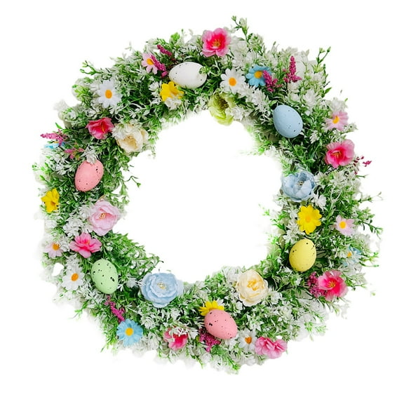 EFINNY 18" D Easter Eggs Spring Wreath Easter Eggs & Flowers Front Door Wall Decor Easter Garland with Colored Eggs Flowers Holiday Decoration