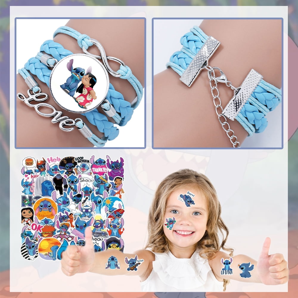 Stitch Merchandise Gift Set for Girls Cute Anime Accessories Including Drawstring Bag, Stickers, Lanyard, Necklace, Bracelet, Keychain, and Button Pins Perfect for Fans and Gifts