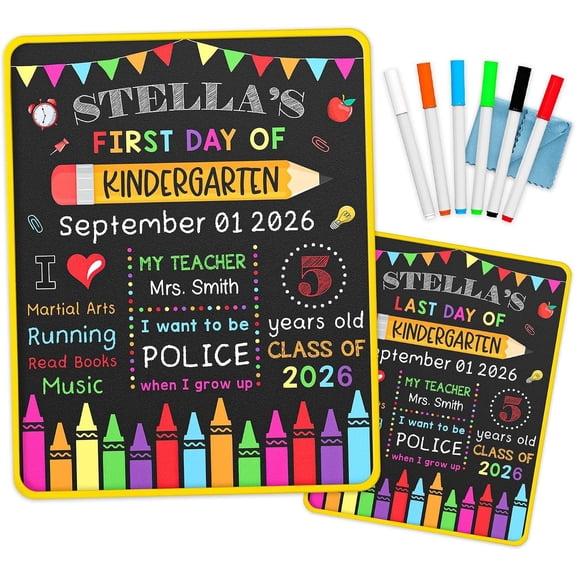 Last Day of School Board Sign with 6 Liquid Chalk Markers Pack & Wipe Cloth - 14"x11" Double-Sided & Chalkboard - to School Board