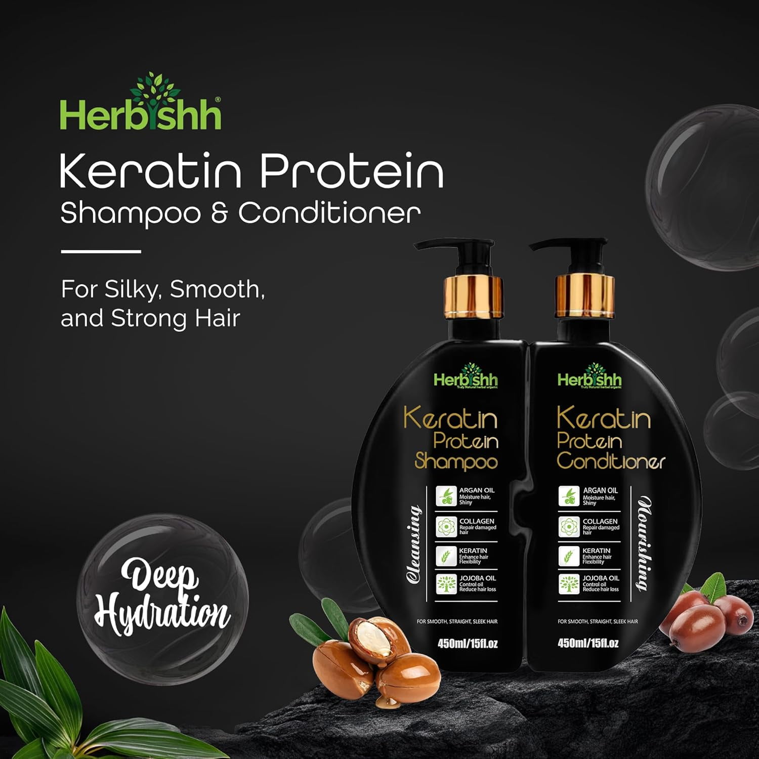 Herbishh Keratin Shampoo and Conditioner Set – Shiny & Frizz-free, All Hair Types, Unisex, 450ml