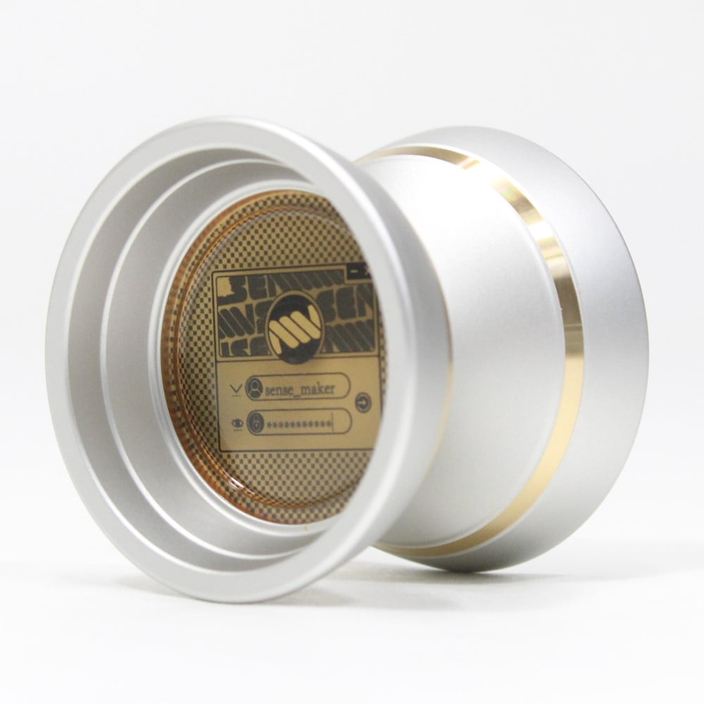 SENSE YOYO Login Yo-Yo - Aluminum YoYo with PC Caps (Matte Silver w/Yellow Polished Decorative Rim + Yellow Cap)