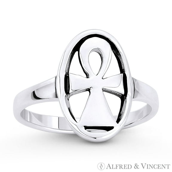 Egyptian Ankh Cross Key-of-Life Oval Charm Ring in Oxidized .925 Sterling Silver