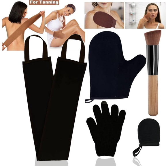 Self Tanning Mitt Applicator Kit, Includes Velvety Self Tanner Mitt, Back Tanning Applicator, Exfoliating Glove, Angled Self Tanner Brush for Sunless Tan Lotion Mousse Gel (BLACK, 5Pack)