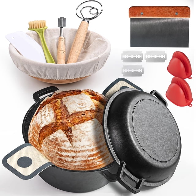 BIGFIT Horno holandés de hierro fundido de 5 cuartos con set para fermentar pan
