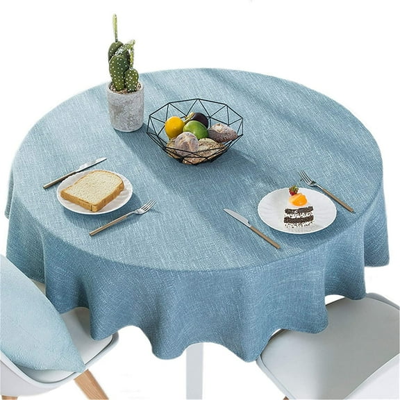 55 inch round cotton linen solid color tablecloth, simple style, blue, suitable for kitchen, restaurant tabletop linen decoration