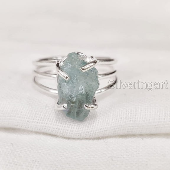 Natural Aquamarine Ring, Rough Aquamarine Gemstone Ring, March Birthstone, 3 Plain Band, 925 Sterling Silver, Womens Ring, Christmas, Thanksgiving, Handmade, Statement Jewelry, Raw Gemstone Jewelry