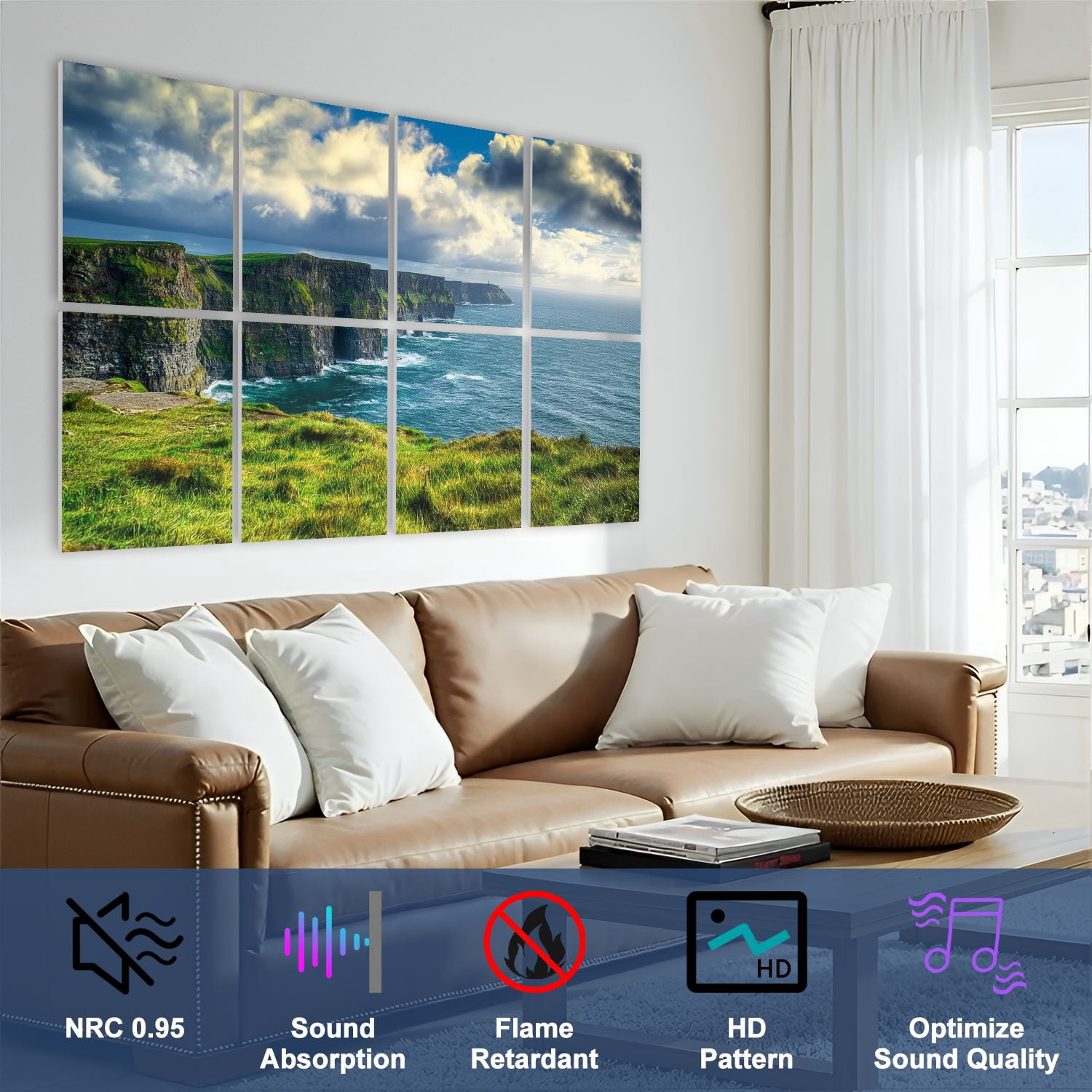 8 Pack Art Acoustic Panels Sound Absorbing Magnificent Cliffs Ireland winter Decorative Soundproof Wall Panels Self Adhesive for Nursery Game Room Bedroom 48"x32"