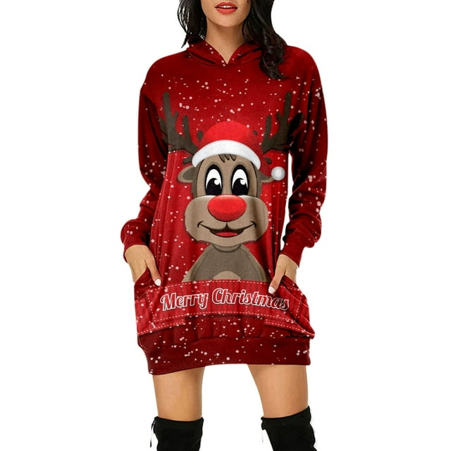 Kcodviy Femmes Vintage Joyeux Noël Chandail à Fermeture Éclair devant Robe Imprimée Manches Longues Chandail à Capuchon à Fermeture à Glissière pour Femmes Chandails à Capuchon Manches Longues Midi Chandails à Capuchon de Noël pour Femmes Robes avec Poches
