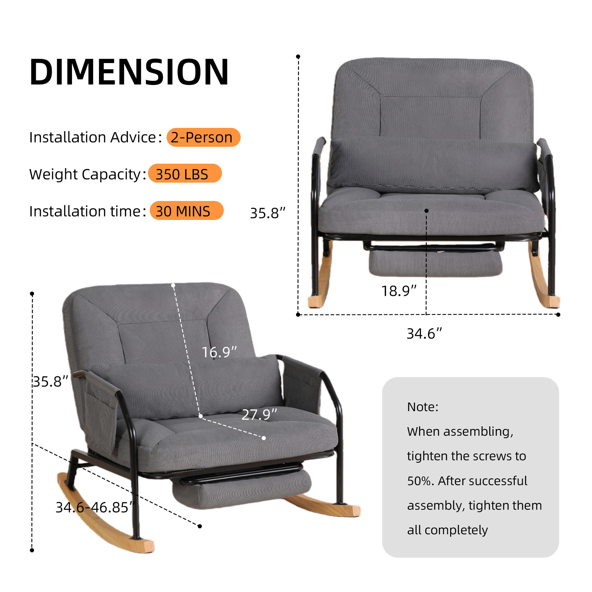 Hforesty Oversized Rocking Chair with Footrest ,Rocker Glider with Metal Farm,Wooden Bottom and Adjustable Backrest for Indoor Use: Balcony, Living Room or Bedroom.(corduroy)GREY