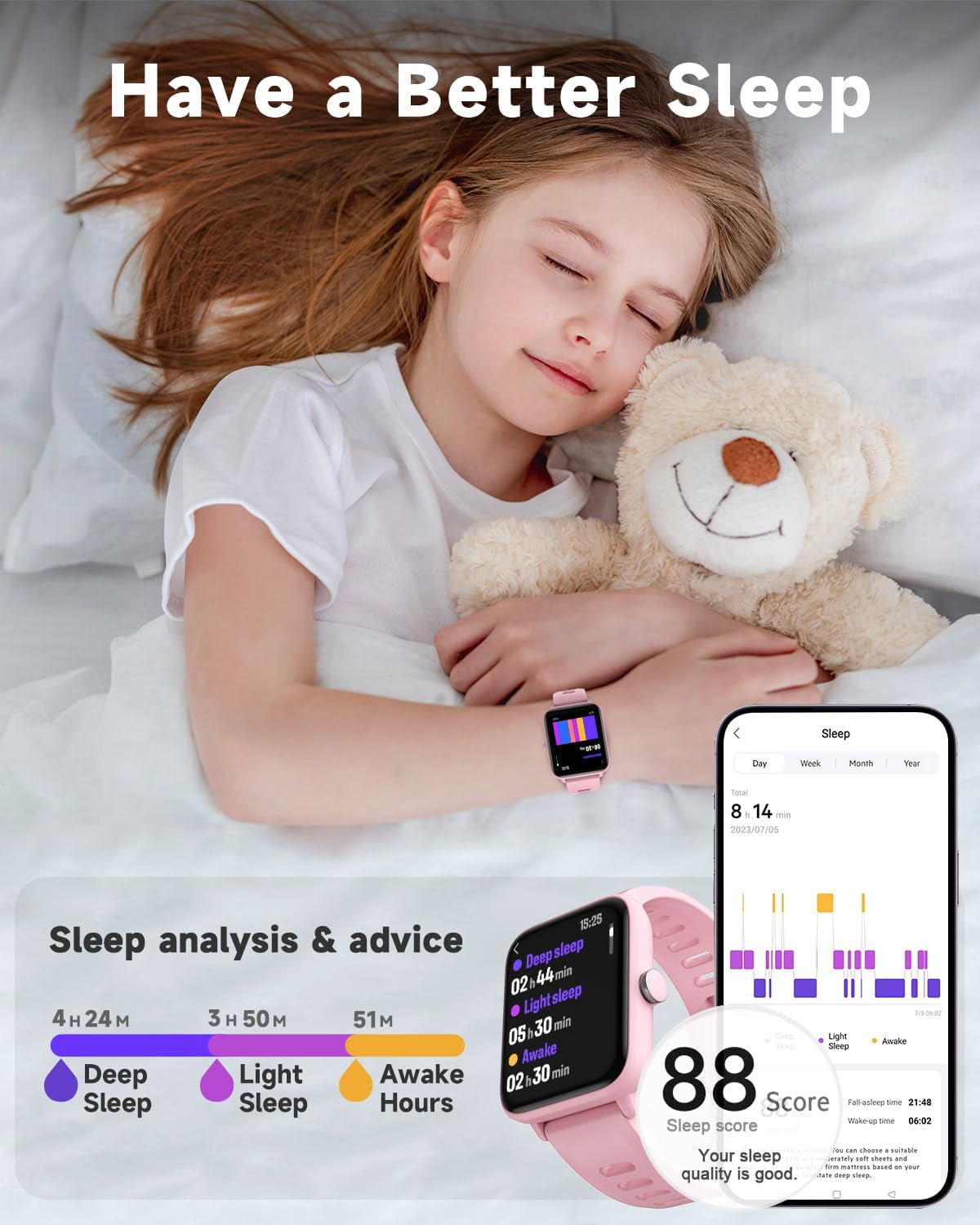 BIGGERFIVE Kids Smart Watch, 1.5''HD Touchscreen Fitness Tracker for Girls Boys, 5ATM Waterproof, Black