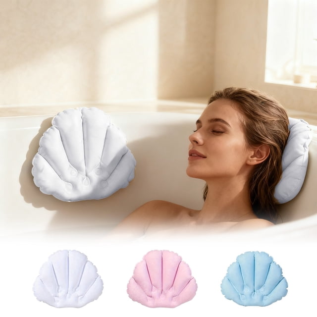 Sentmoon 2 Pack Inflatable Seashell Bathtub Pillow Soft Spa Headrest with Suction Cups Comfortable Bath Support for Relaxation White Blue Gift for Anniversary, Birthday, Christmas