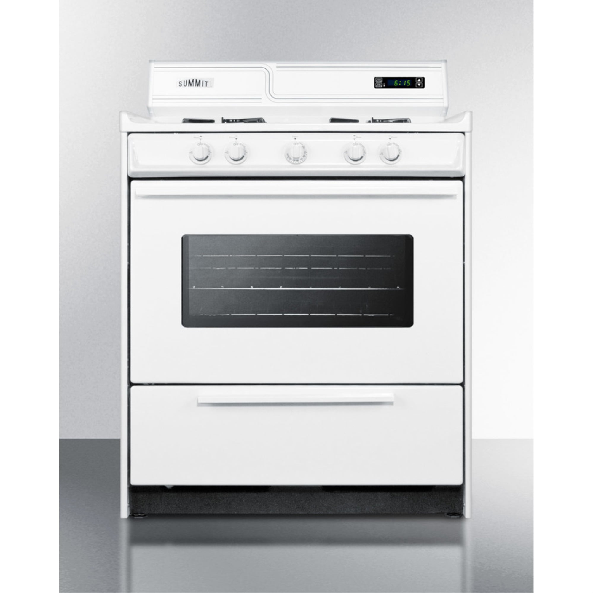 30" wide gas range in white with open burners, oven window, high backguard, and spark ignition