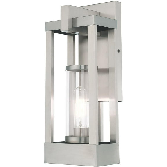 6.25 inch 1 Light Brushed Nickel Outdoor Wall Lantern Pendant Lighting Fixture with Cylinder Clear Glass Shade backed with Solid Brass material for patio, front porch, entryway and more