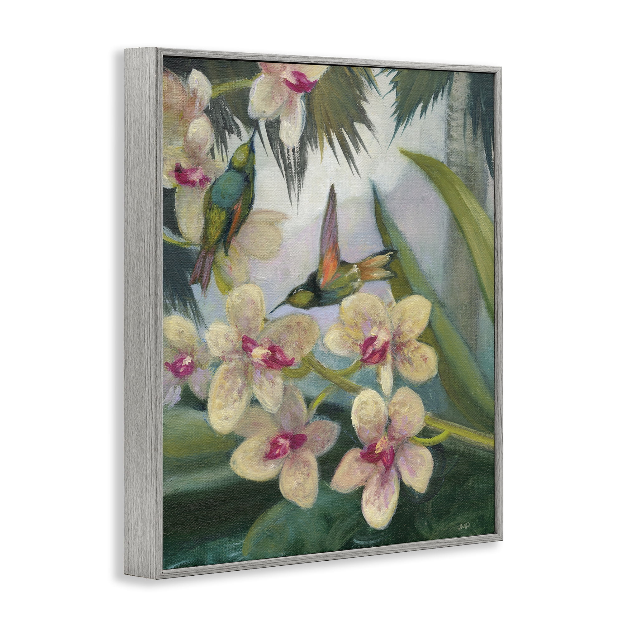 Stupell Industries Hummingbirds Among Blossoms Landscape Painting Gray Framed Art Print Wall Art, 11 x 14