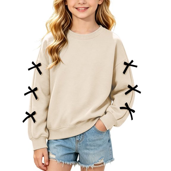 Risckoth Girls' Sweatshirt Sleeve Bow Detail Crew Neck Drop Shoulder Long Sleeve Casual Top 3-14 Years