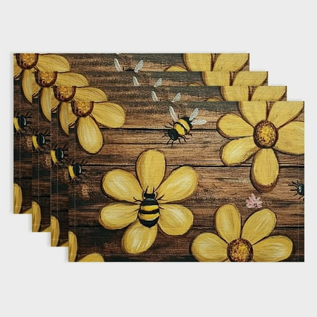 

Shiartex Flowers Bees Wooden Surface 4pcs Linen Table Placemats for Dining Parties Home Decor 18x12in
