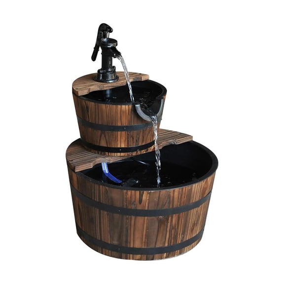 GVN Wood Freestanding Fountain with 2 Tier Waterfall Barrel, Electric Pump for Garden Decor, Lawn, Backyard