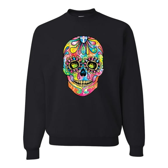Wild Bobby Dean Russo Colorful Sugar Skull Streetwear Unisex Crewneck Graphic Sweatshirt, Black, Small