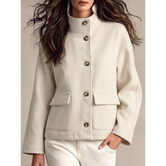 Women's Button Front Stand Collar Jacket with Pockets Short Overcoat for Daily Streetwear