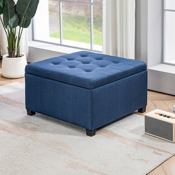 Nmkwnr Upholstered Fabric Storage Ottoman with Seat Lid and Metal Hinge, Wood Frame Storag Footstool for Living Room, Entryway, Bedroom, Blue