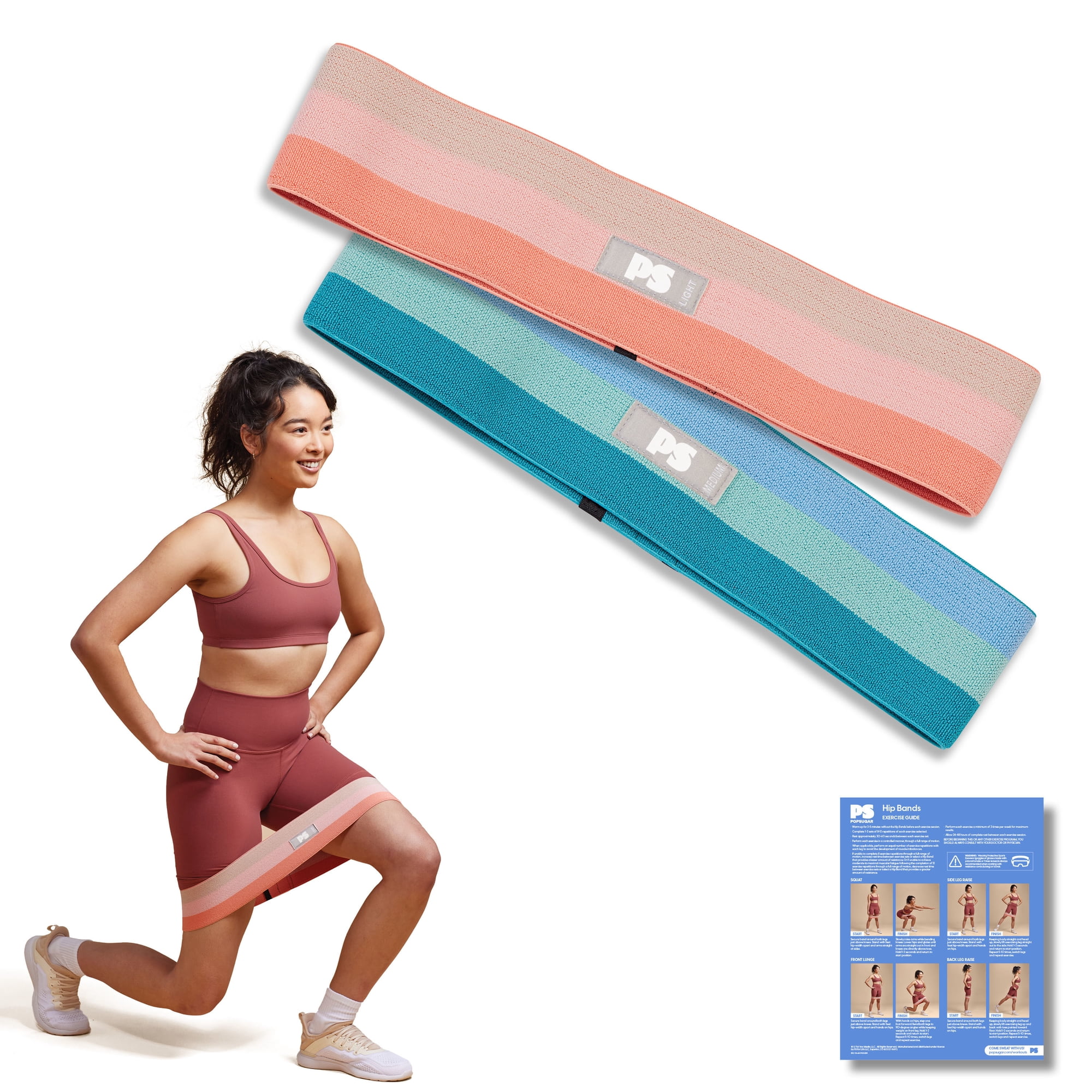 POPSUGAR No-Roll Fabric Hip Bands Set, Light & Medium Resistance, Blue/Coral
