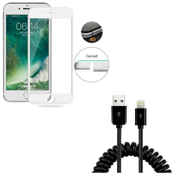 iPhone 8/7/6S/6 - Coiled USB Cable w Tempered Glass Screen Protector - Charger Cord Power Sync Wire, 4D Touch Curved Edge Full Cover Bubble Free Case Friendly for iPhone 8/7/6S/6