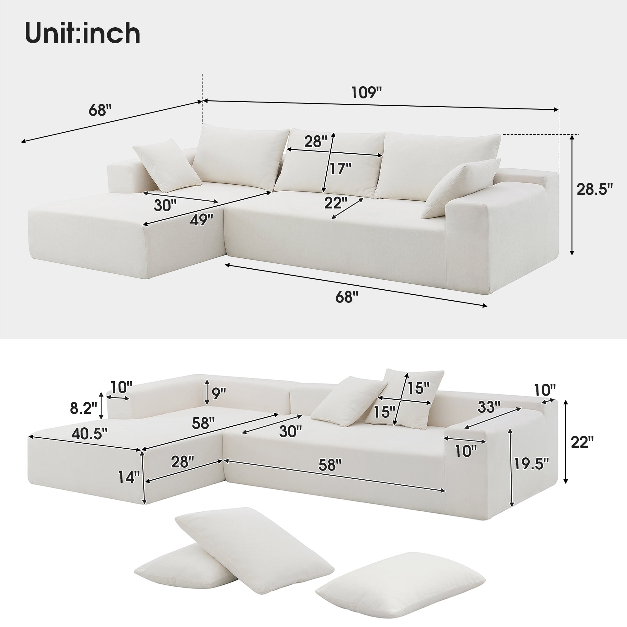 109" L-Shape Modular Sectional Sofa,Upholstered Compressed Sofa for Living Room, Bedroom,Cream
