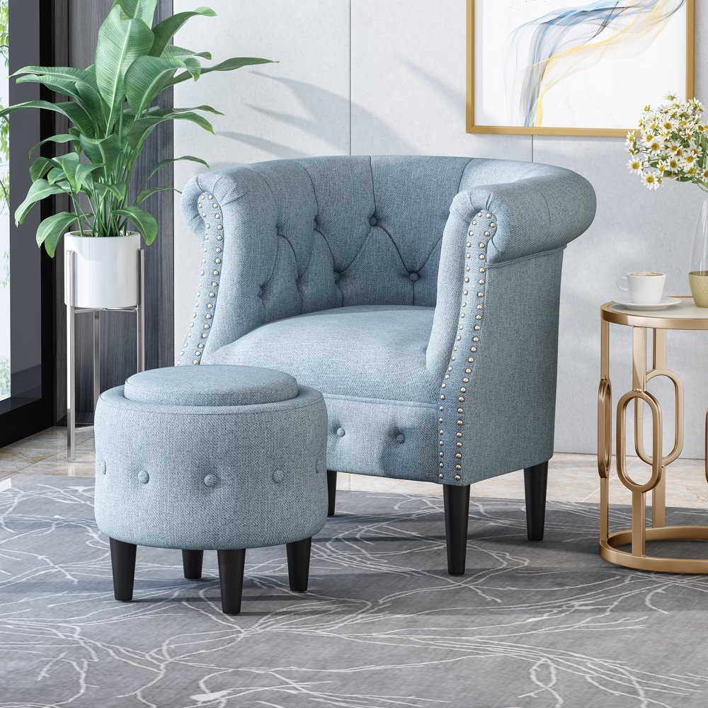 Noble House Keygan Petite Tufted Fabric Chair and Ottoman Set, Light Blue