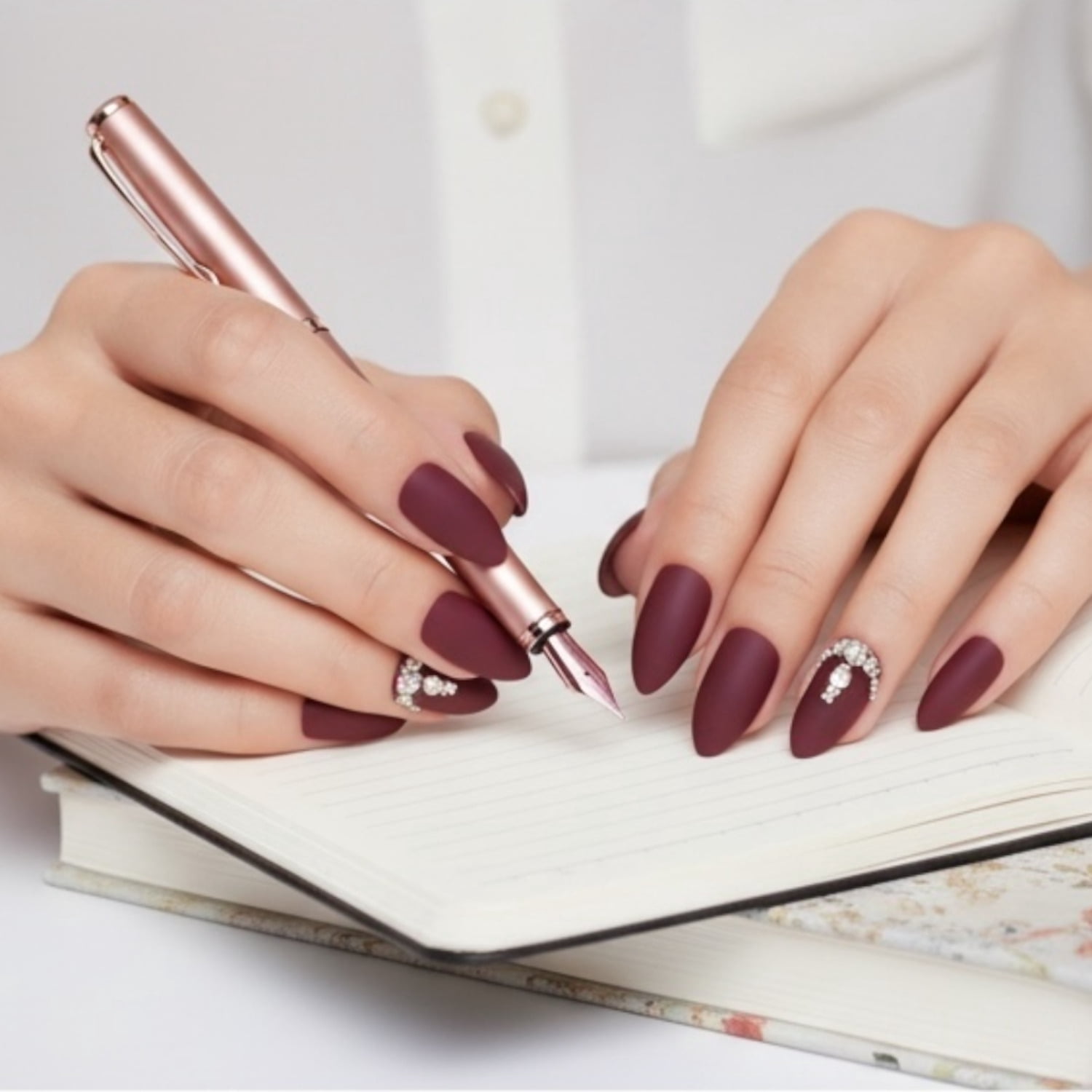 Matte Dark Red Burgundy 3D Crystal Press On Nails, Long Stiletto Fake Nails, Prestige Passion
