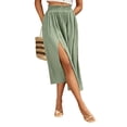 thumbnail image 3 of Women'S High Waist Solid Midi Skirt with Split Thigh and Pleated Paperbag Waist Green XL, 3 of 9