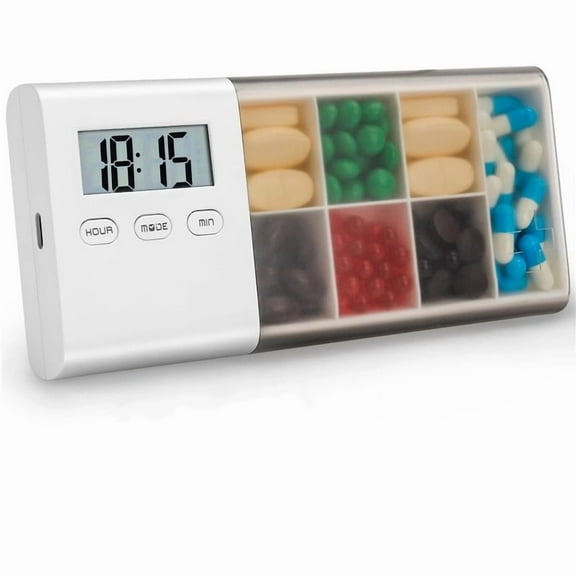 Automatic Pill Dispenser Portable Pill Container with LCD Display, Sound & Light Alerts, Built-in 5 Alarms, Countdown Timer, 7 Day Medicine Box Organizer for Travel, Business Trip, Vacation