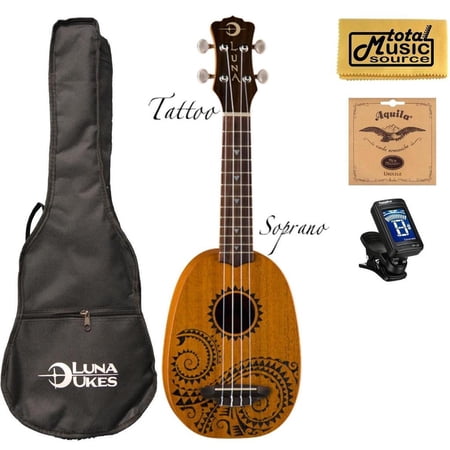 UKE TATTOO, Luna Pinapple 21' Mahogany Soprano Ukulele, Bag, Tuner, Strings, PC, UKE TATTOO PRO