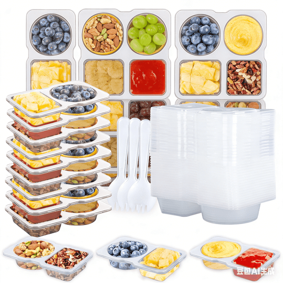 20 Pack Reusable Snack Containers with Lids - Double Compartment Condiment Snack Pack Containers with 20 Forks, Microwave Safe Portion Control Containers for Meal Prep, Take-out, Party & Travel