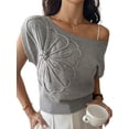 thumbnail image 3 of Women'S Summer Off Shoulder Floral Sweaters Cap Sleeve Loose Knit Cute Pullover Tops Gray S, 3 of 8