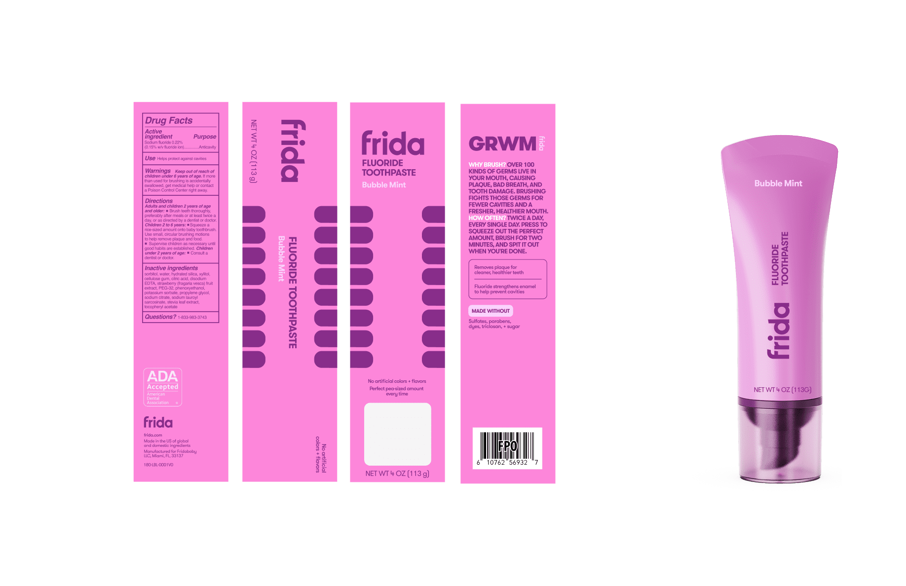 Frida for Kids Fluoride Toothpaste for Kids, Cavity Protection, Bubble Mint, 4 ounce