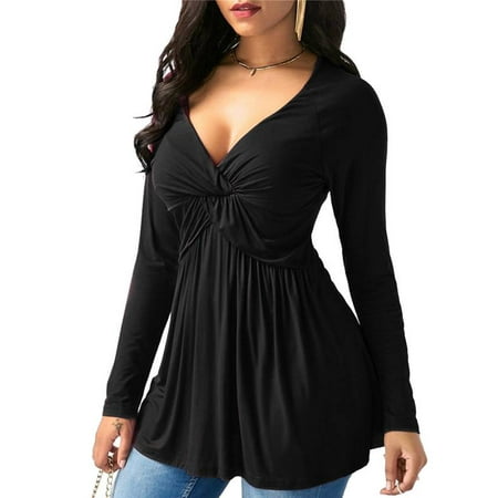 Ella Double V-neck Tunic - JustVH Women's Deep V Neck Long Sleeve Casual Swing T Shirt Flare Hem Tunic Tops
