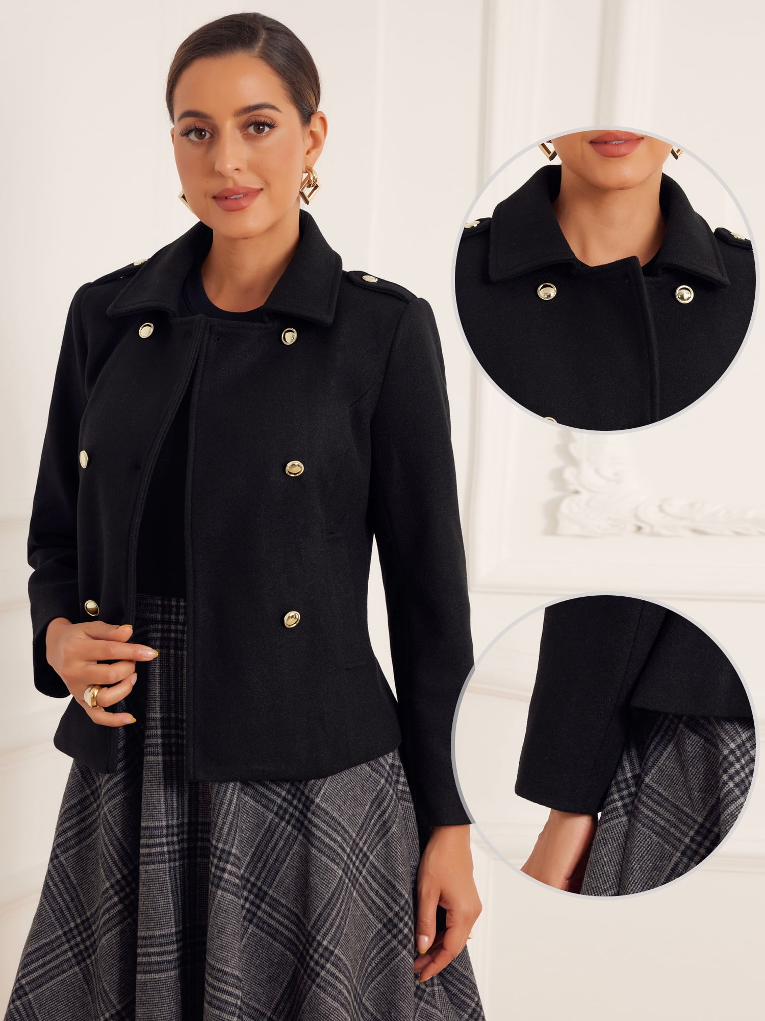 DARING DIVA Women's Classic Collar Double Breasted Winter Pea Coat Black S