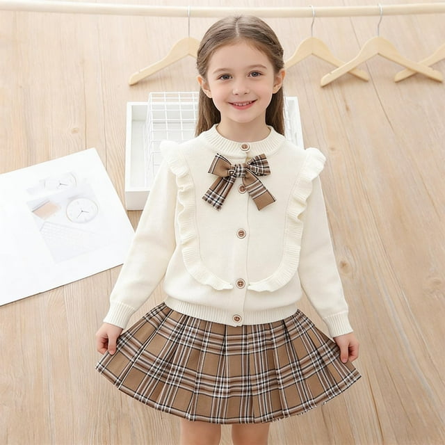 Conjuntos de blusas y camisas de cuello redondo y manga larga Conjunto de niña Primavera y otoño Cárdigan de punto de manga larga con lazo elegante y minifalda acampanada Conjunto de dos piezas Blusa