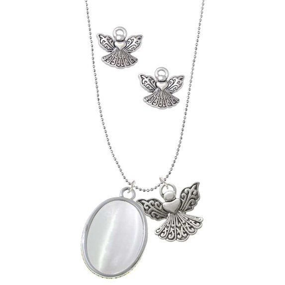Delight Jewelry Silvertone Oval - Imitation Cat's Eye - White - Silver tone Guardian Angel Charm Necklace and Stud Earrings