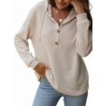 thumbnail image 3 of Sudadera con Capucha de Larga de Punto Gofre para Mujer, con Cordón, Botones, Cuello en V, Informal, con Capucha. Albaricoque S, 3 of 9