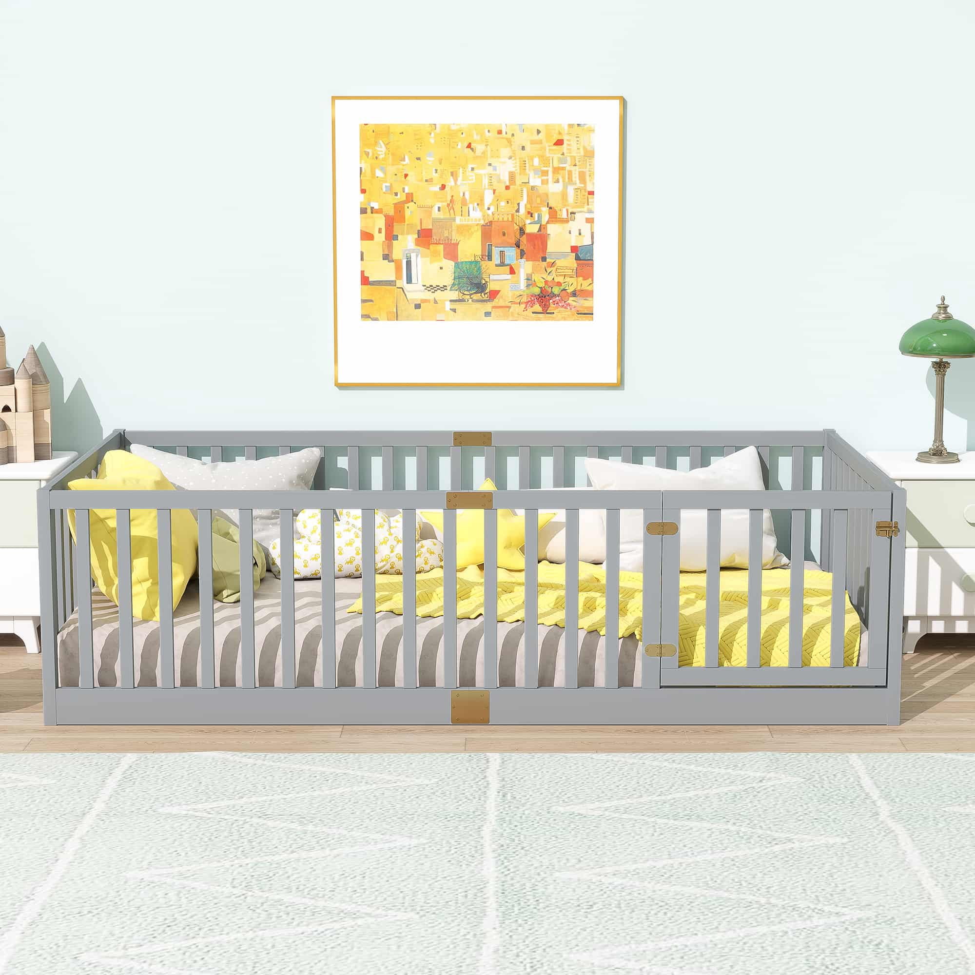 UHOMEPRO Twin Floor Bed with High Fence & Door, Montessori Floor Bed with 21.5" Safety Guardrails, Solid Wood Twin Beds Frame for Kids Girls, Boys, with Slats, Grey