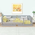 thumbnail image 2 of UHOMEPRO Twin Floor Bed with High Fence & Door, Montessori Floor Bed with 21.5" Safety Guardrails, Solid Wood Twin Beds Frame for Kids Girls, Boys, with Slats, Grey, 2 of 7